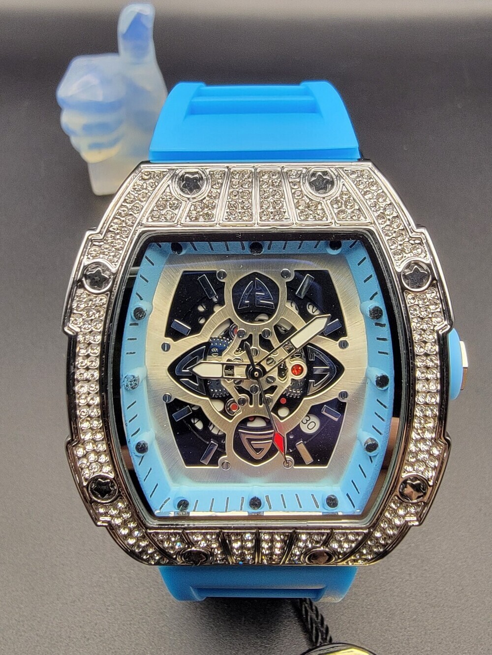 NWT Mens AJ Brand Blue Skeleton Diamond Style 41.5mm Watch Silicone Band w/Date